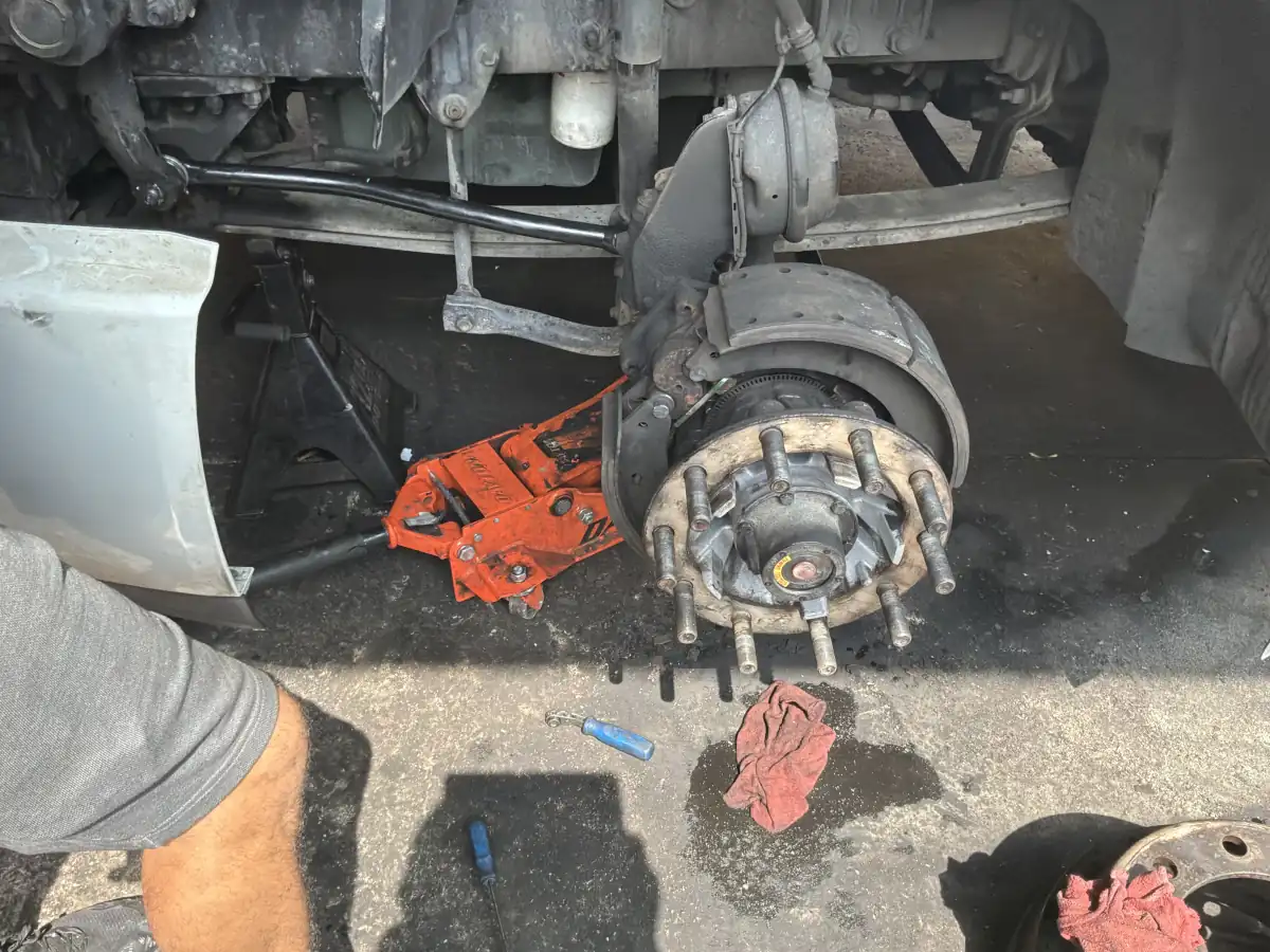 Front wheel-end exposed during 2020 Volvo VNR steering and bearing repair