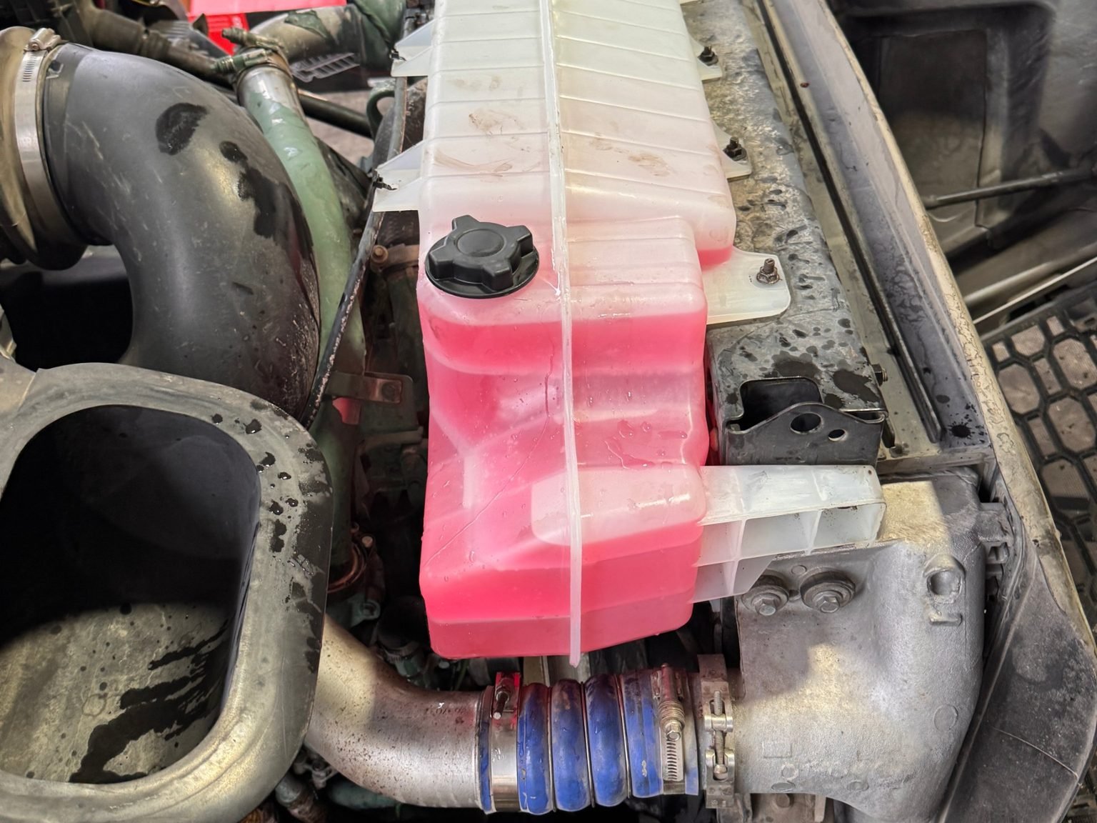 Semi Truck Coolant Frozen or Diesel Gelled: What Charlotte Drivers Need to Know Before the First Hard Freeze 1 Pink coolant in a semi truck surge tank during a winter check at Truck Pit Stop in Matthews, North Carolina